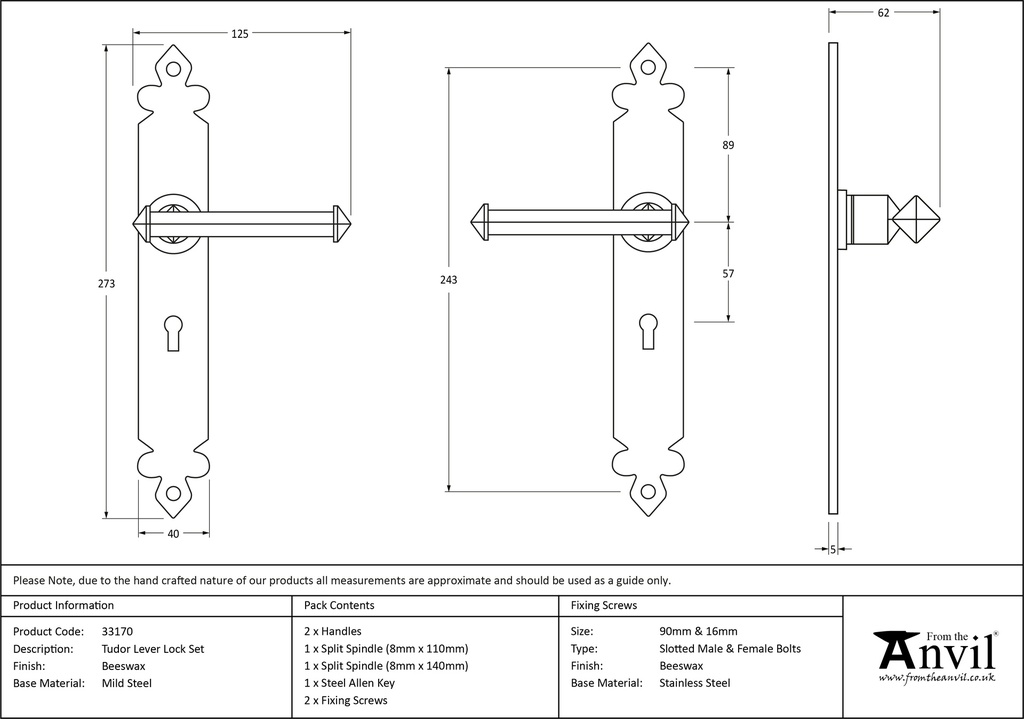 Beeswax Tudor Lever Lock Set - 33170 - Technical Drawing