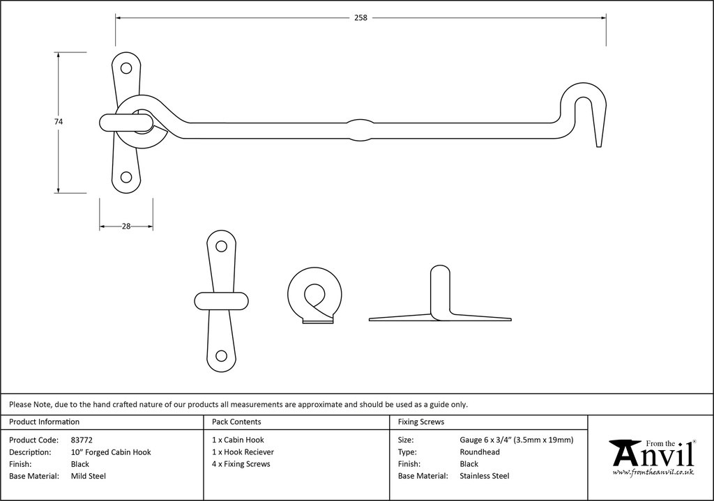 Black 10&quot; Forged Cabin Hook - 83772 - Technical Drawing