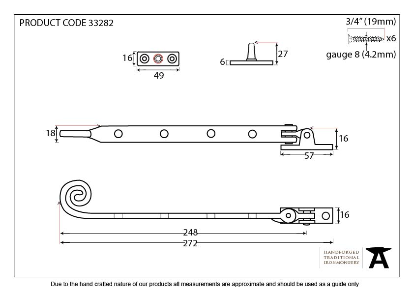 Black 10" Handmade Monkeytail Stay - 33282 - Technical Drawing