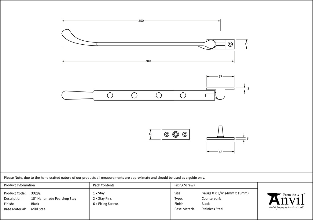 Black 10" Handmade Peardrop Stay - 33292 - Technical Drawing