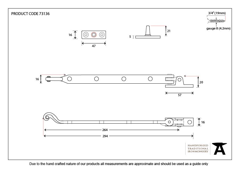 Black 11&quot; Rose Head Stay - 73136 - Technical Drawing