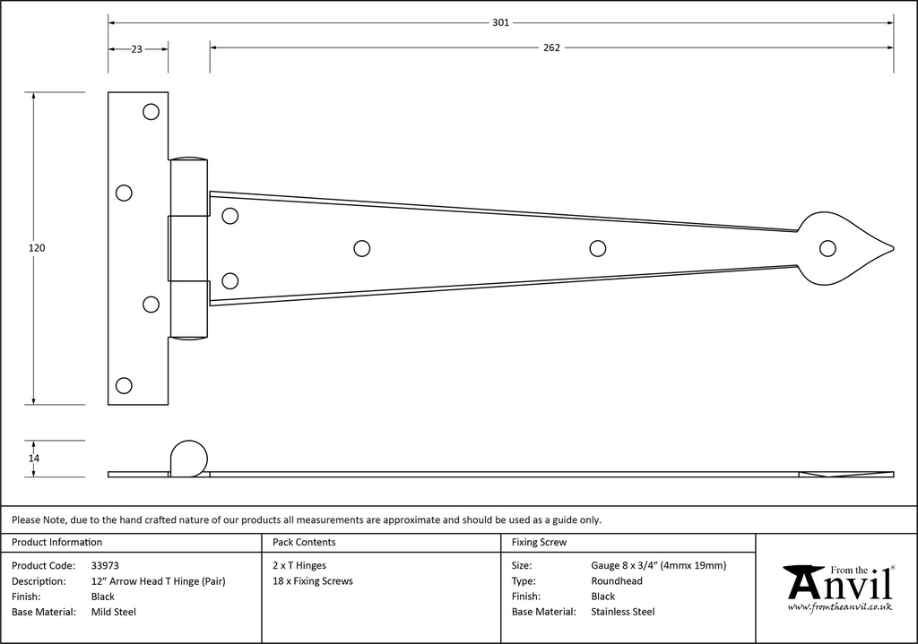 Black 12&quot; Arrow Head T Hinge (pair) - 33973 - Technical Drawing