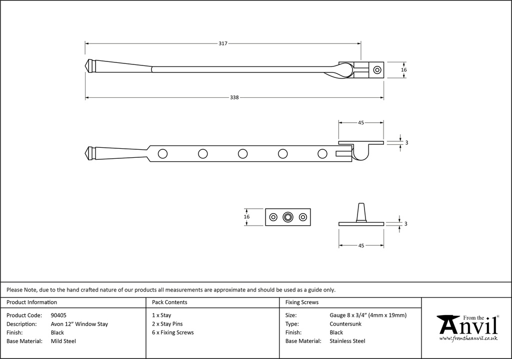 Black 12&quot; Avon Stay - 90405 - Technical Drawing