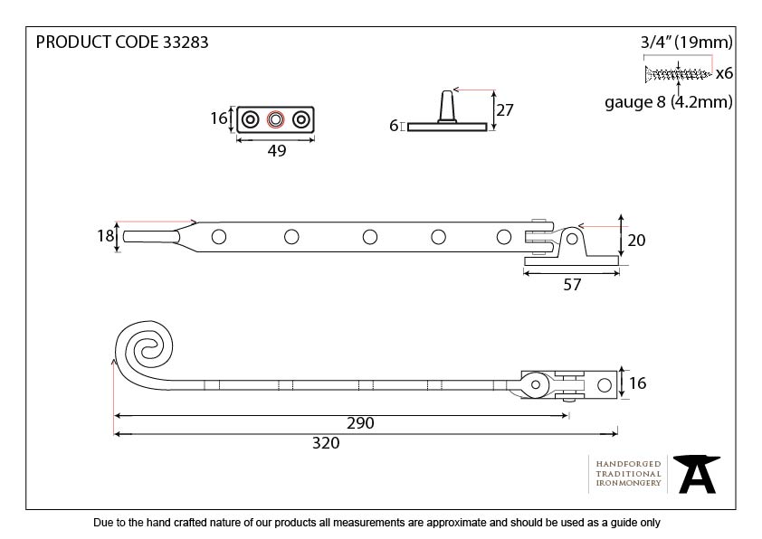 Black 12" Handmade Monkeytail Stay - 33283 - Technical Drawing