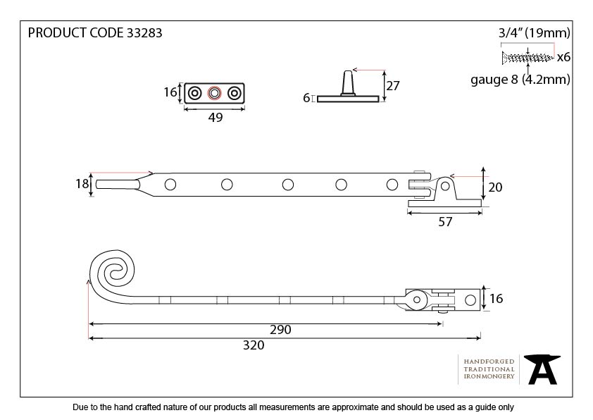 Black 12&quot; Handmade Monkeytail Stay - 33283 - Technical Drawing