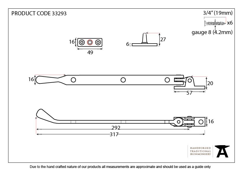 Black 12" Handmade Peardrop Stay - 33293 - Technical Drawing
