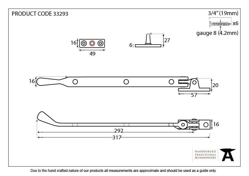 Black 12&quot; Handmade Peardrop Stay - 33293 - Technical Drawing