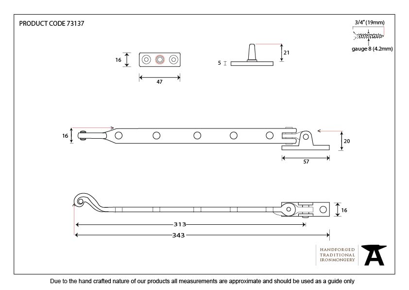 Black 13&quot; Rose Head Stay - 73137 - Technical Drawing