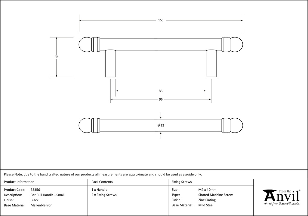 Black 156mm Bar Pull Handle - 33356 - Technical Drawing