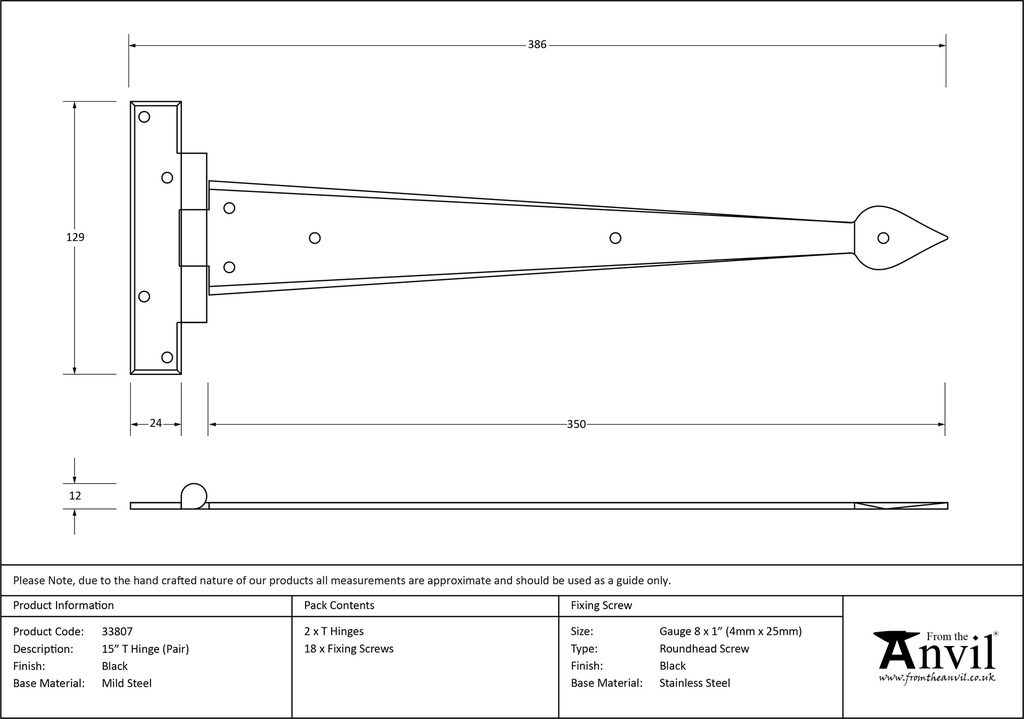Black 15" Arrow Head T Hinge (pair) - 33807 - Technical Drawing