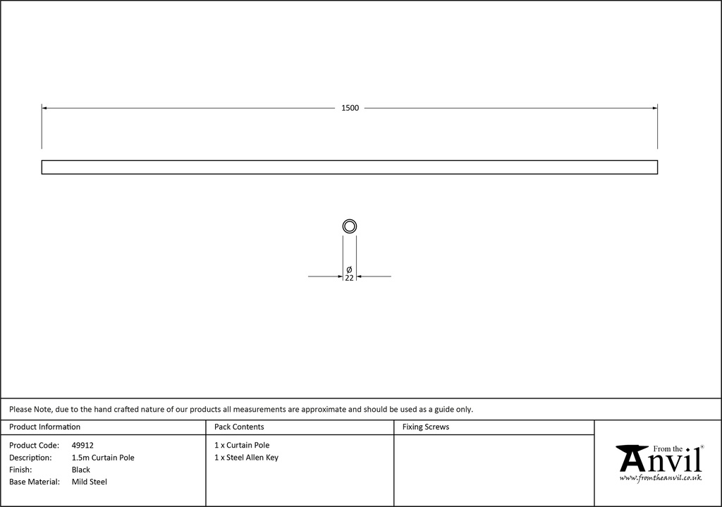 Black 1.5m Curtain Pole - 49912 - Technical Drawing