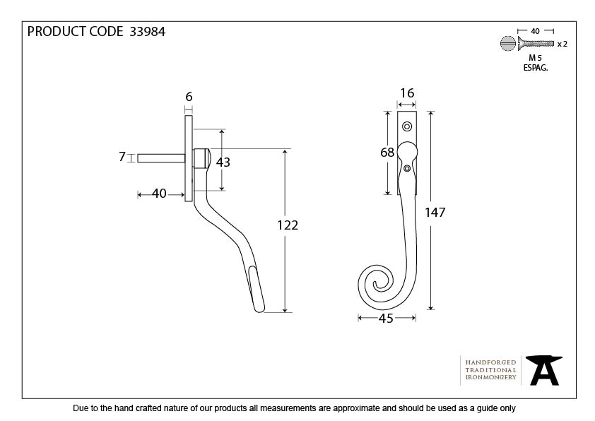 Black 16mm Monkeytail Espag - LH - 33984 - Technical Drawing