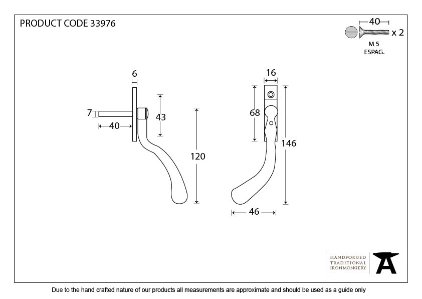 Black 16mm Peardrop Espag - LH - 33976 - Technical Drawing