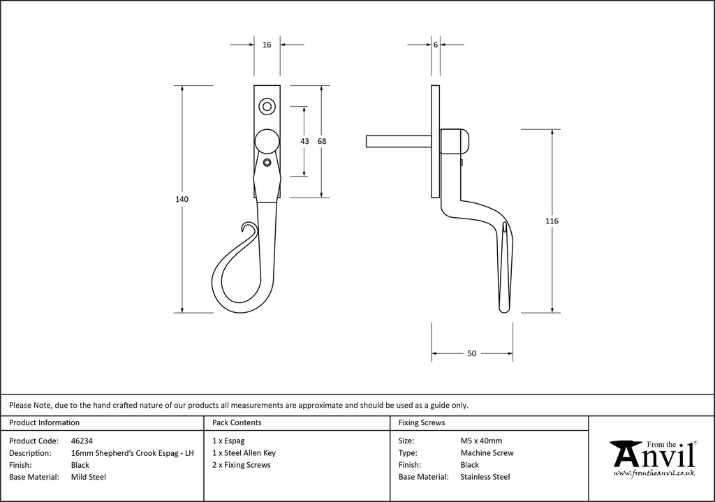 Black 16mm Shepherd's Crook Espag - LH - 46234 - Technical Drawing