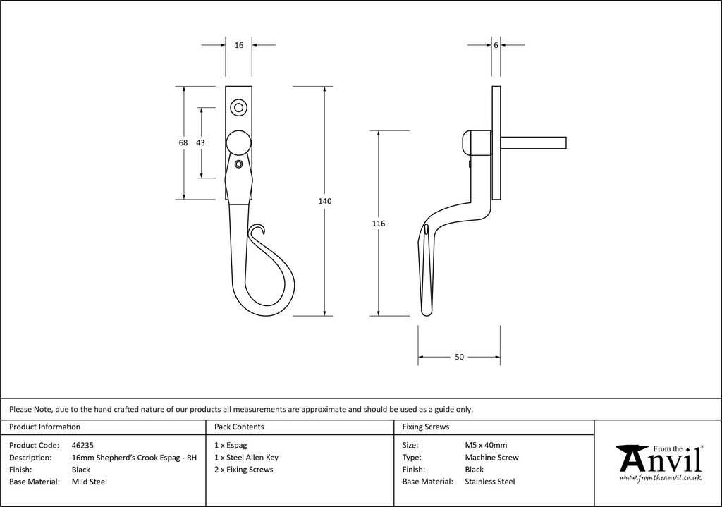 Black 16mm Shepherd's Crook Espag - RH - 46235 - Technical Drawing