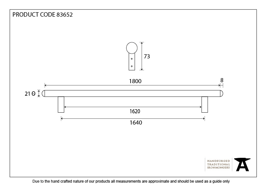 Black 1800mm Pull Handle - 83652 - Technical Drawing
