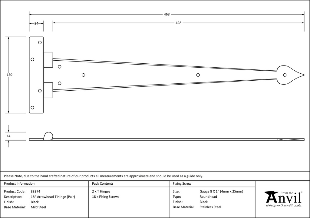 Black 18&quot; Arrow Head T Hinge (pair) - 33974 - Technical Drawing