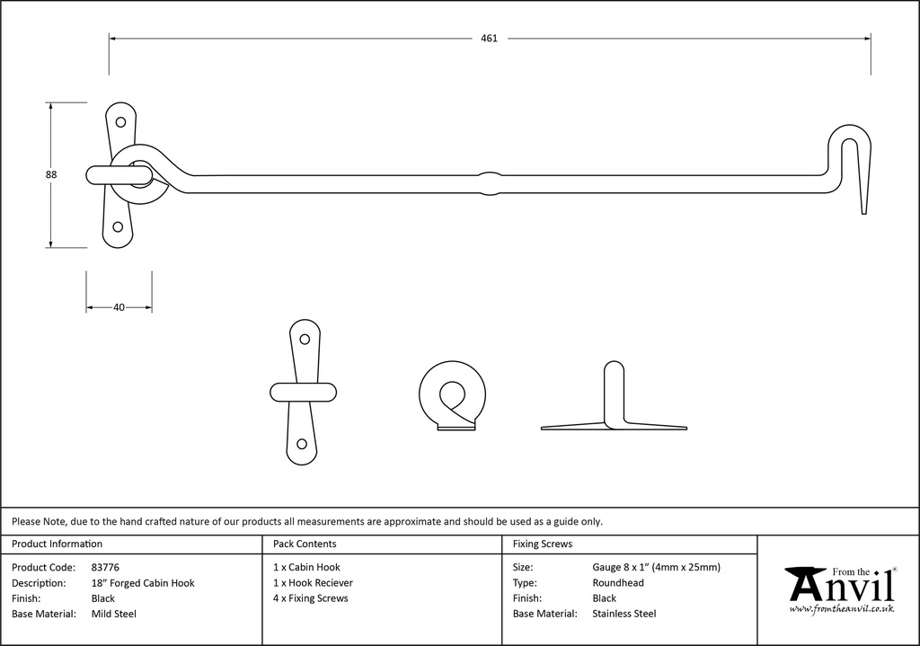 Black 18&quot; Forged Cabin Hook - 83776 - Technical Drawing