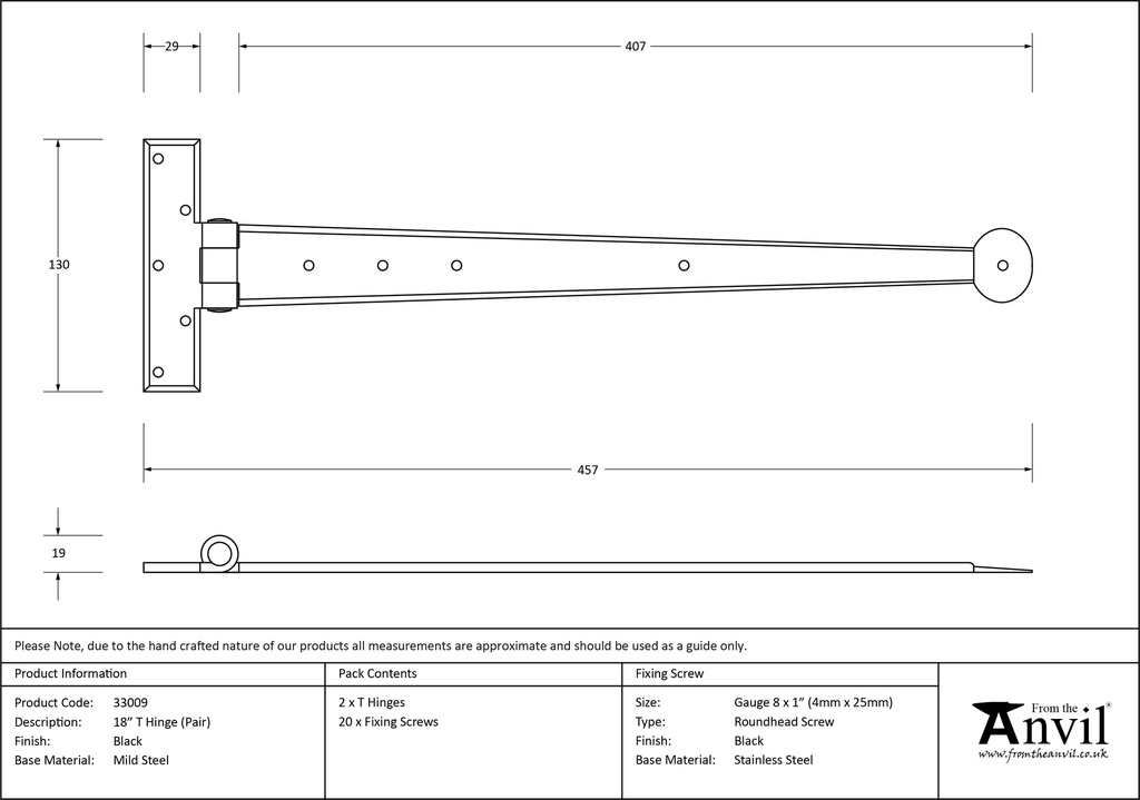 Black 18&quot; Penny End T Hinge (pair) - 33009 - Technical Drawing