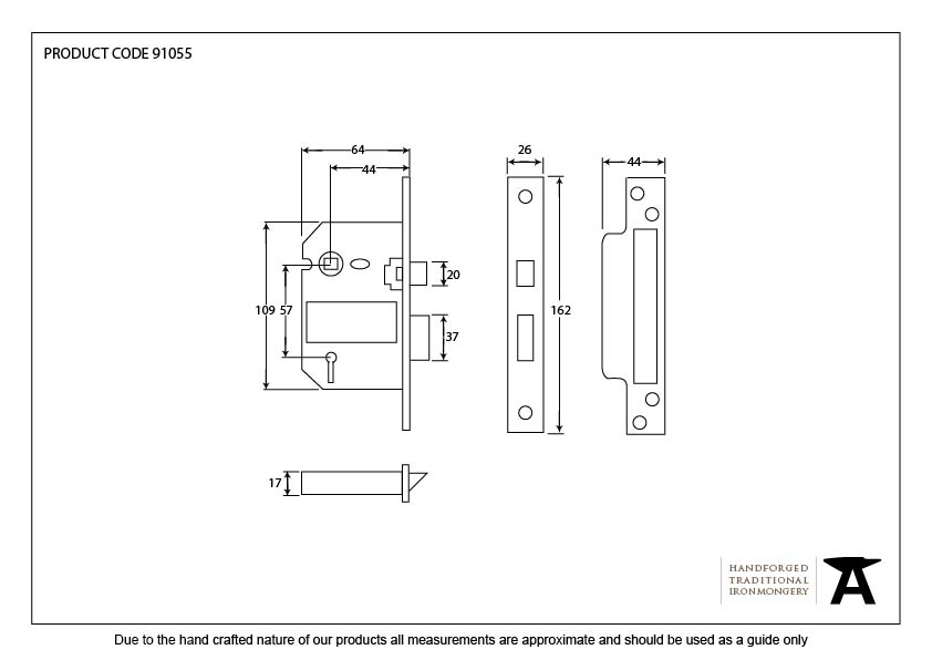 Black 2½" 5 Lever BS Sash Lock - 91055 - Technical Drawing