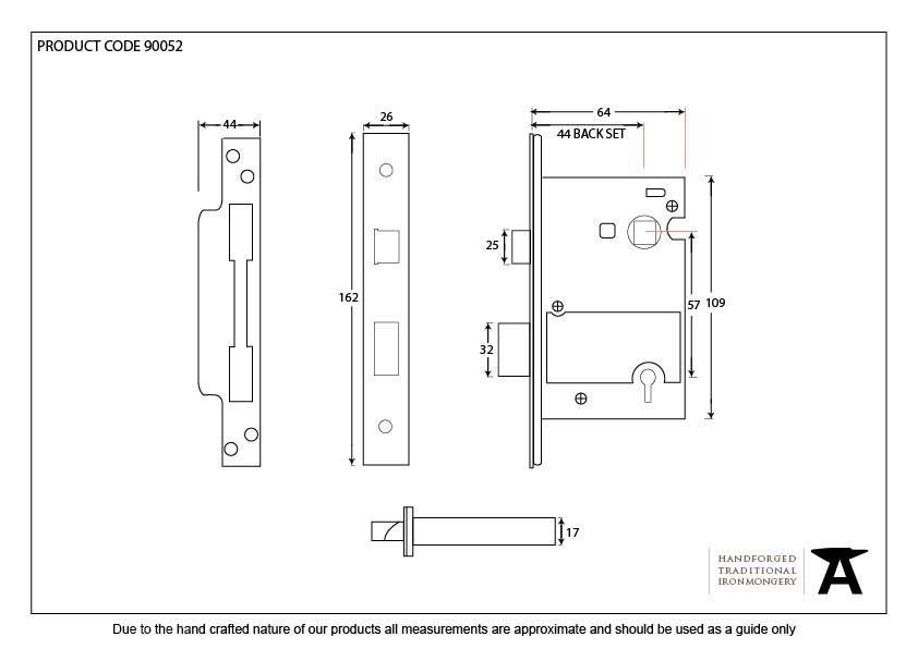 Black 2½&quot; 5 Lever Heavy Duty BS Sash Lock - 90052 - Technical Drawing