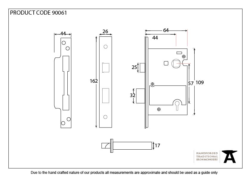 Black 2½&quot; 5 Lever Heavy Duty Sash Lock KA - 90061 - Technical Drawing