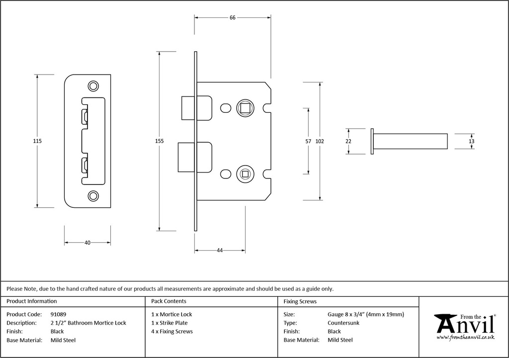 Black 2½&quot; Bathroom Mortice Lock - 91089 - Technical Drawing