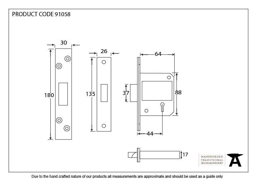 Black 2½&quot; BS 5 Lever Deadlock - 91058 - Technical Drawing