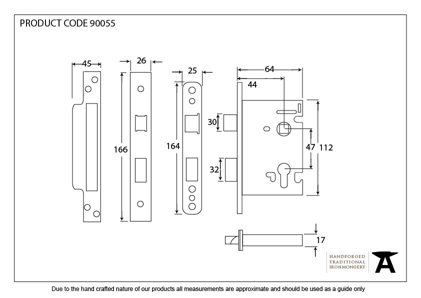 Black 2½&quot; Euro Profile Sash Lock - 90055 - Technical Drawing