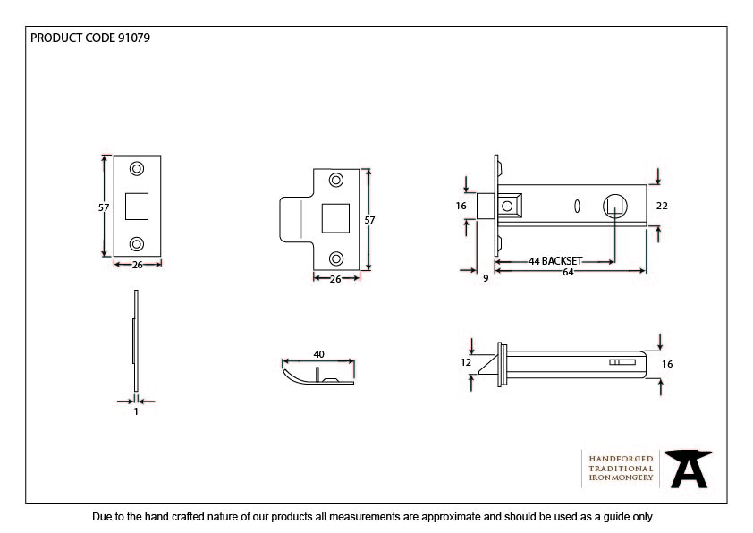 Black 2½&quot; Tubular Mortice Latch - 91079 - Technical Drawing