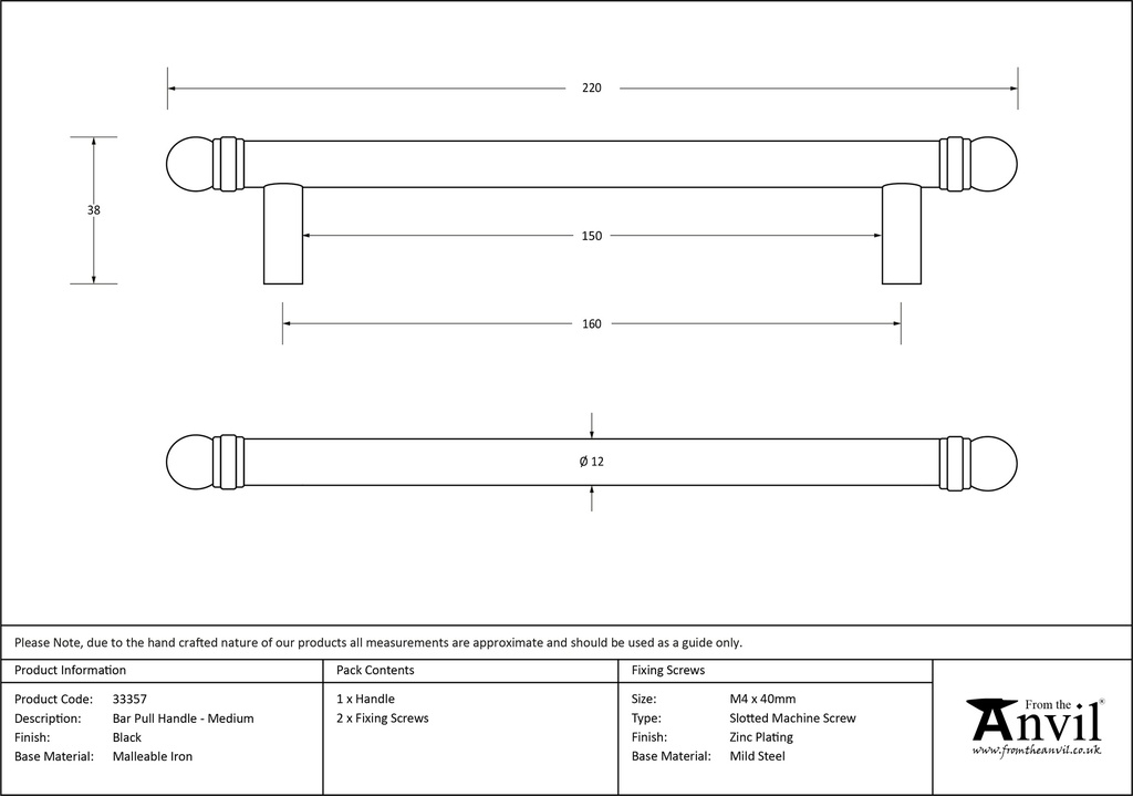 Black 220mm Bar Pull Handle - 33357 - Technical Drawing