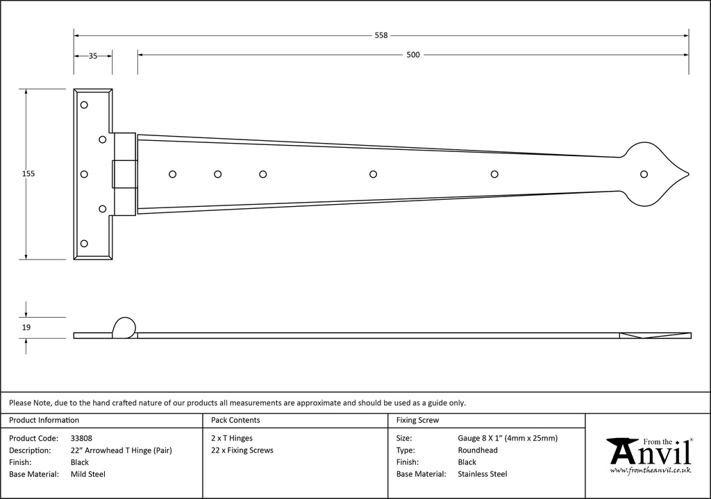 Black 22&quot; Arrow Head T Hinge (pair) - 33808 - Technical Drawing