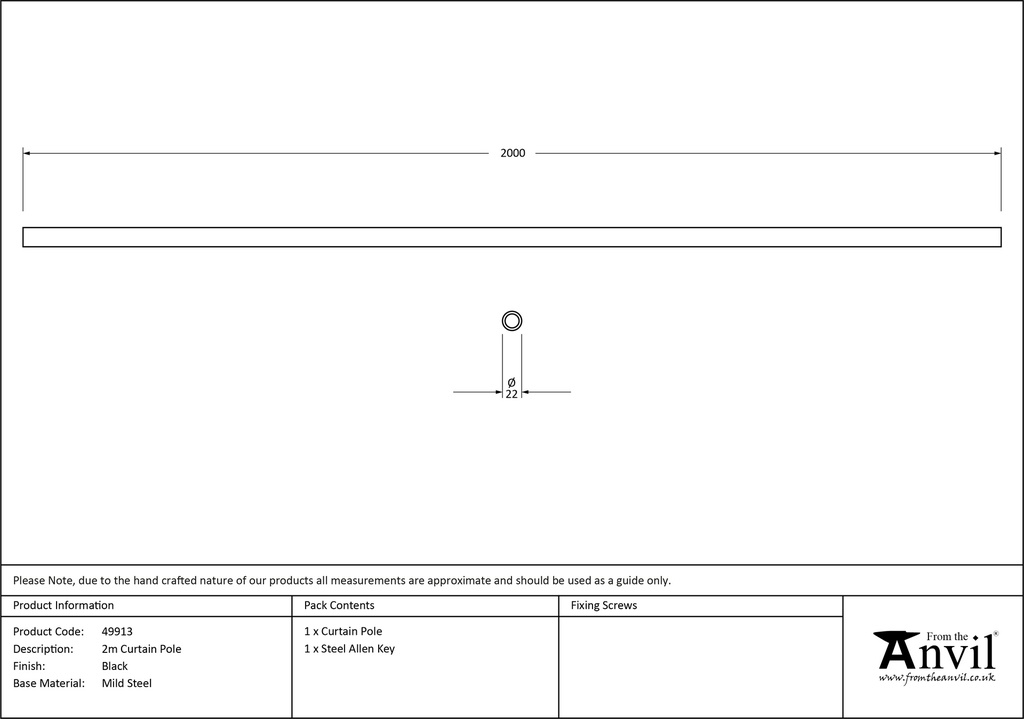 Black 2m Curtain Pole - 49913 - Technical Drawing