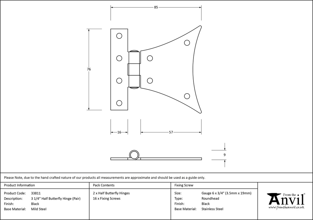 Black 3¼&quot; Half Butterfly Hinge (pair) - 33811 - Technical Drawing