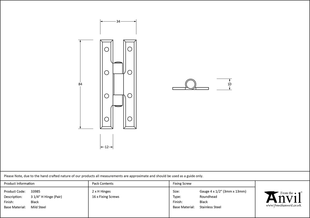 Black 3¼&quot; H Hinge (pair) - 33985 - Technical Drawing