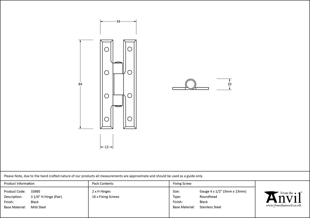 Black 3¼" H Hinge (pair) - 33985 - Technical Drawing