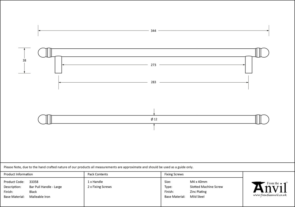 Black 344mm Bar Pull Handle - 33358 - Technical Drawing