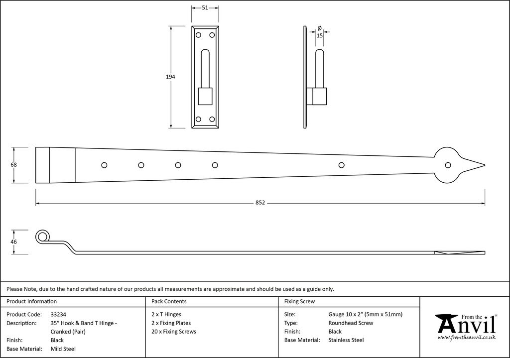 Black 35&quot; Hook &amp; Band Hinge - Cranked (pair) - 33234 - Technical Drawing