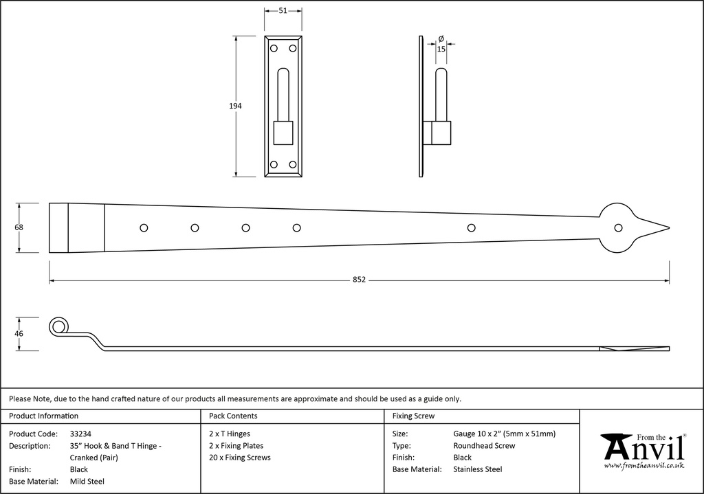 Black 35" Hook & Band Hinge - Cranked (pair) - 33234 - Technical Drawing