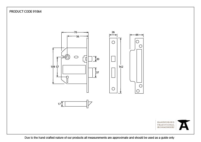 Black 3&quot; 5 Lever BS Sash Lock - 91064 - Technical Drawing