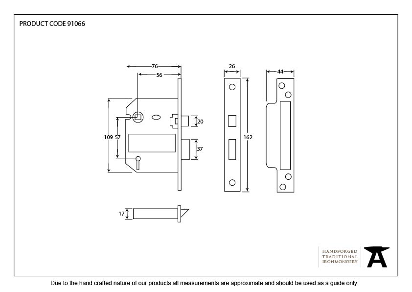 Black 3" 5 Lever BS Sash Lock KA - 91066 - Technical Drawing