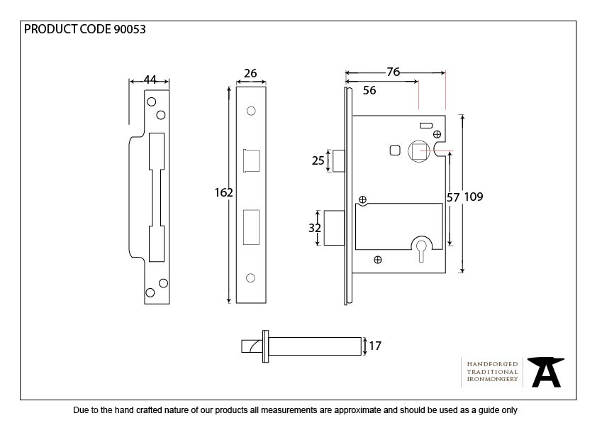 Black 3&quot; 5 Lever Heavy Duty BS Sash Lock - 90053 - Technical Drawing