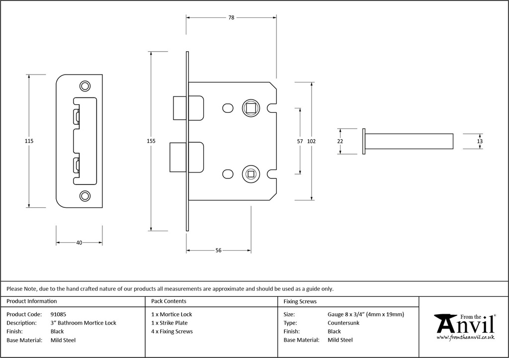 Black 3&quot; Bathroom Mortice Lock - 91085 - Technical Drawing