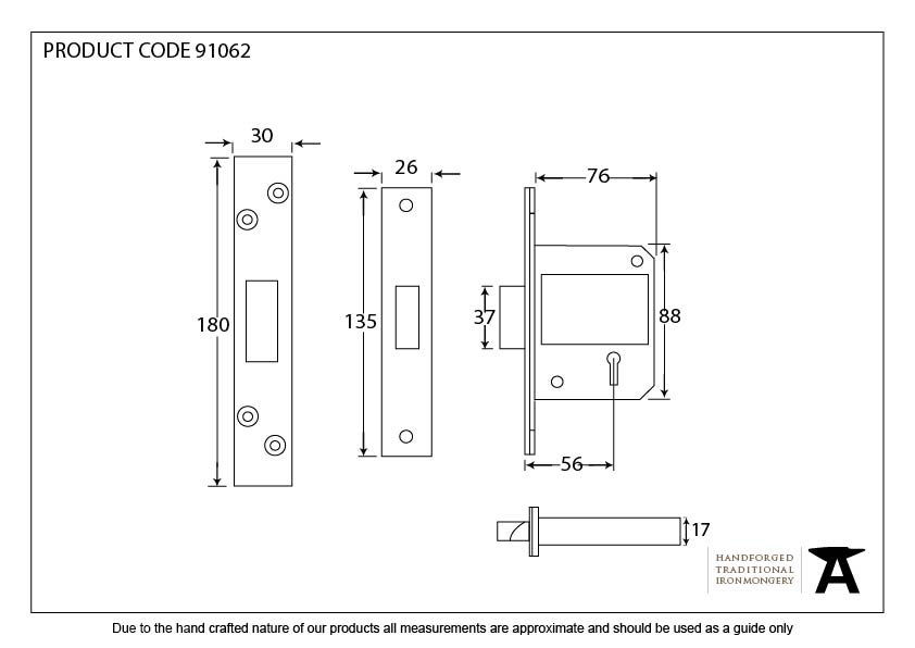 Black 3" BS 5 Lever Deadlock - 91062 - Technical Drawing