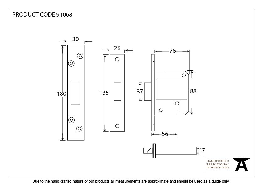 Black 3&quot; BS 5 Lever Deadlock KA - 91068 - Technical Drawing