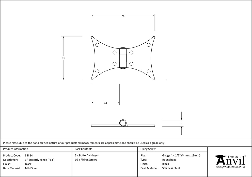Black 3&quot; Butterfly Hinge (pair) - 33814 - Technical Drawing