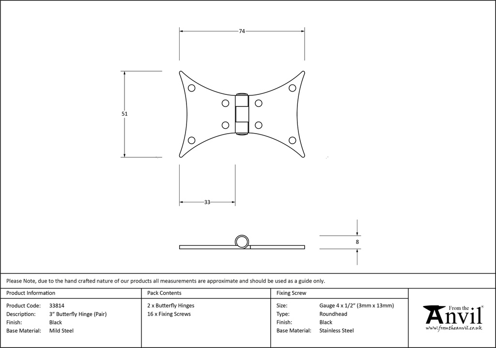 Black 3" Butterfly Hinge (pair) - 33814 - Technical Drawing