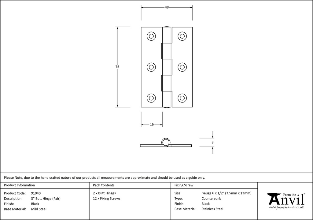 Black 3&quot; Butt Hinge (pair) - 91040 - Technical Drawing