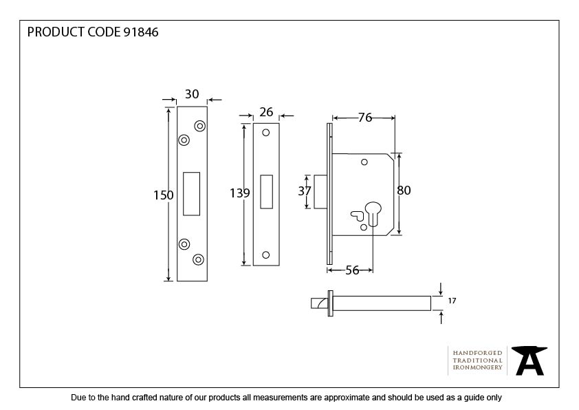 Black 3&quot; Euro Profile Dead Lock - 91846 - Technical Drawing