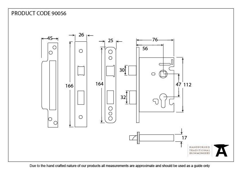 Black 3&quot; Euro Profile Sash Lock - 90056 - Technical Drawing